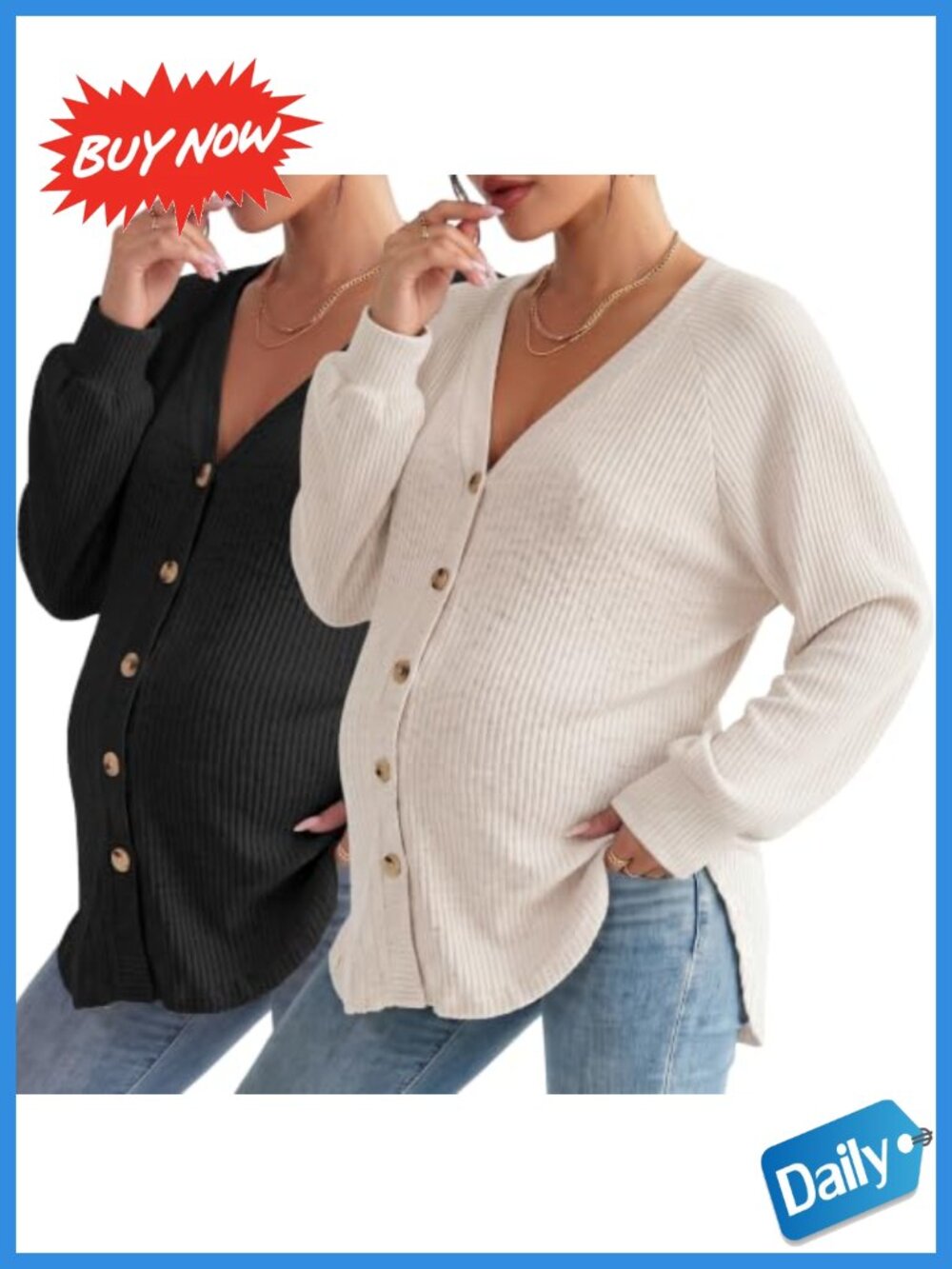 Maternity Ribbed Knit Button Down Blouses 2 Pack Long Sleeve V Neck Pregnancy